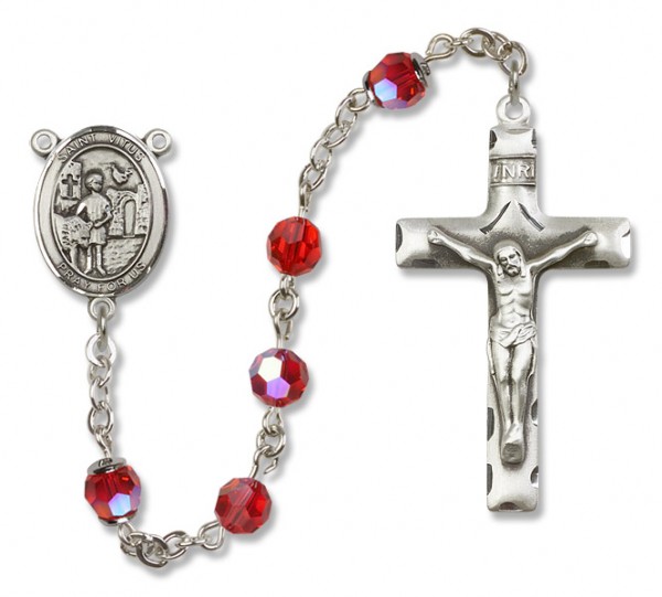 St. Vitus Sterling Silver Heirloom Rosary Squared Crucifix - Ruby Red