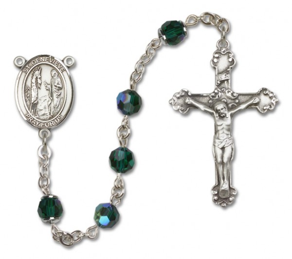 St. Genevieve Sterling Silver Heirloom Rosary Fancy Crucifix - Emerald Green
