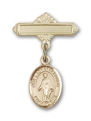 Pin Badge with Our Lady of Lebanon Charm and Polished Engravable Badge Pin - 14K Solid Gold