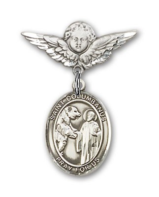 Pin Badge with St. Columbanus Charm and Angel with Smaller Wings Badge Pin - Silver tone