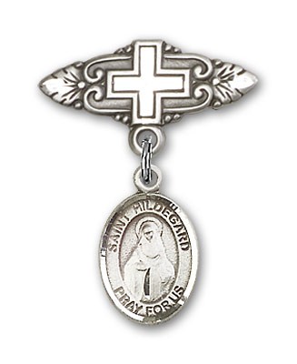 Pin Badge with St. Hildegard Von Bingen Charm and Badge Pin with Cross - Silver tone