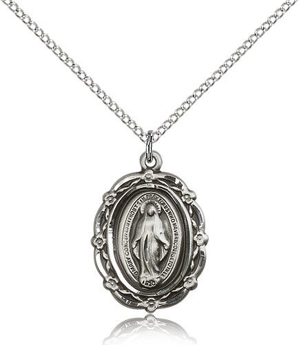 Floret Border Miraculous Medal Necklace - Sterling Silver