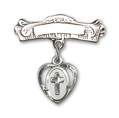 Pin Badge with Cross Charm and Arched Polished Engravable Badge Pin - Silver tone