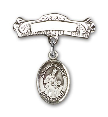 Pin Badge with St. Ambrose Charm and Arched Polished Engravable Badge Pin - Silver tone