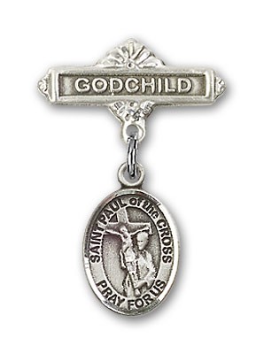 Pin Badge with St. Paul of the Cross Charm and Godchild Badge Pin - Silver tone