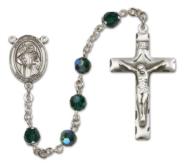 St. Ursula Sterling Silver Heirloom Rosary Squared Crucifix - Emerald Green