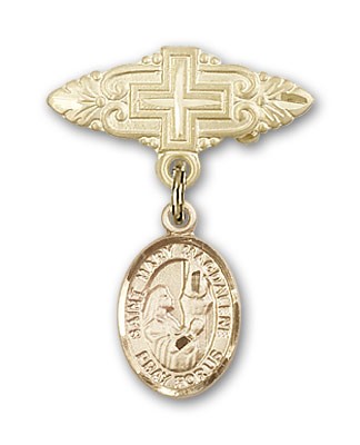 Pin Badge with St. Mary Magdalene Charm and Badge Pin with Cross - 14K Solid Gold