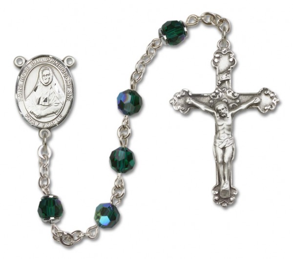 St. Rose Philippine Sterling Silver Heirloom Rosary Fancy Crucifix - Emerald Green