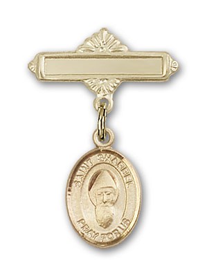 Pin Badge with St. Sharbel Charm and Polished Engravable Badge Pin - Gold Tone