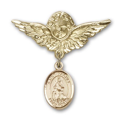 Pin Badge with St. Rachel Charm and Angel with Larger Wings Badge Pin - Gold Tone