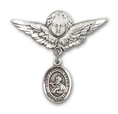 Pin Badge with St. Francis Xavier Charm and Angel with Larger Wings Badge Pin - Silver tone