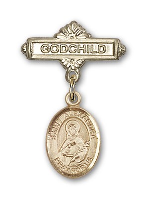 Pin Badge with St. Alexandra Charm and Godchild Badge Pin - Gold Tone