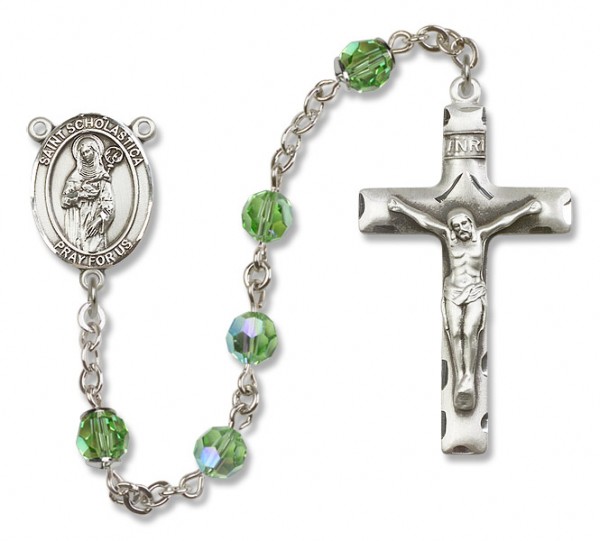 St. Scholastica Sterling Silver Heirloom Rosary Squared Crucifix - Peridot