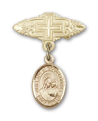 Pin Badge with Our Lady of Good Counsel Charm and Badge Pin with Cross - 14K Solid Gold