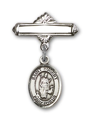 Pin Badge with St. Hubert of Liege Charm and Polished Engravable Badge Pin - Silver tone