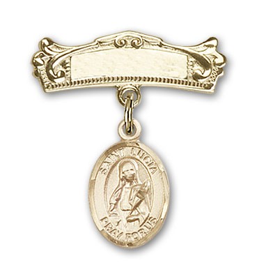 Pin Badge with St. Lucia of Syracuse Charm and Arched Polished Engravable Badge Pin - Gold Tone