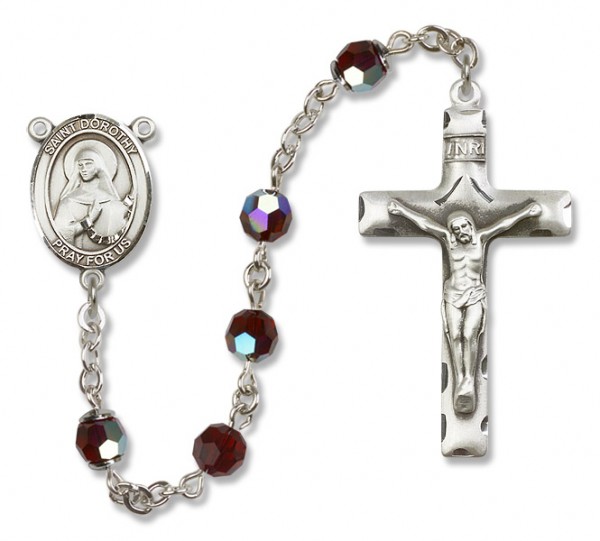 St. Dorothy Sterling Silver Heirloom Rosary Squared Crucifix - Garnet