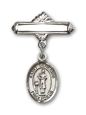 Pin Badge with St. Genesius of Rome Charm and Polished Engravable Badge Pin - Silver tone
