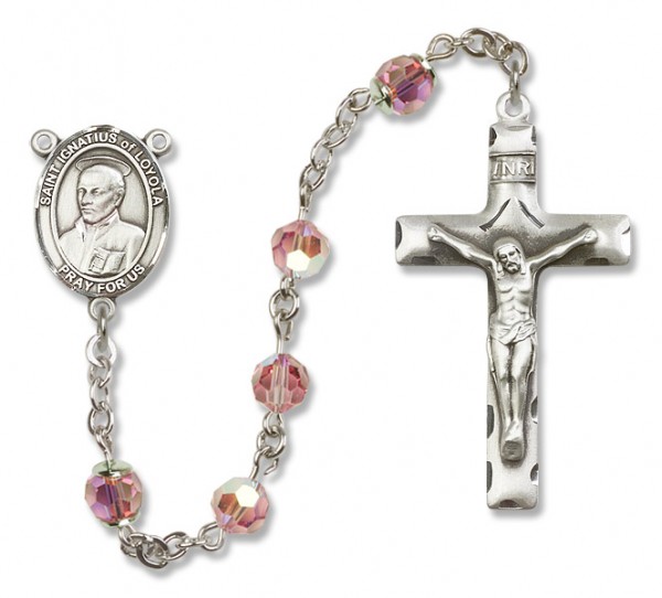 St. Ignatius of Loyola Sterling Silver Heirloom Rosary Squared Crucifix - Light Rose