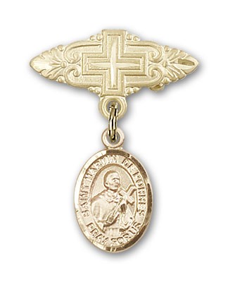 Pin Badge with St. Martin de Porres Charm and Badge Pin with Cross - 14K Solid Gold