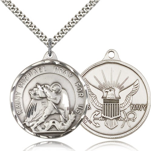 Men's Round St. Michael Navy Medal - Sterling Silver