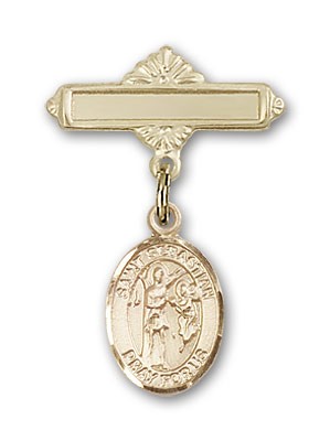 Pin Badge with St. Sebastian Charm and Polished Engravable Badge Pin - 14K Solid Gold