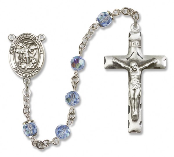 San Miguel the Archangel Sterling Silver Heirloom Rosary Squared Crucifix - Light Sapphire