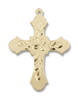 Fancy Hand Etching Cross Pendant - 14K Solid Gold