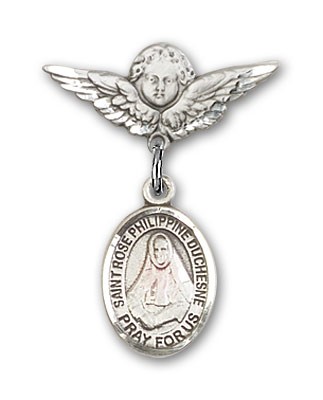 Pin Badge with St. Rose Philippine Charm and Angel with Smaller Wings Badge Pin - Silver tone