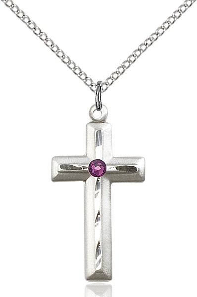 Matte and Polished Cross Pendant with Birthstone Options - Amethyst