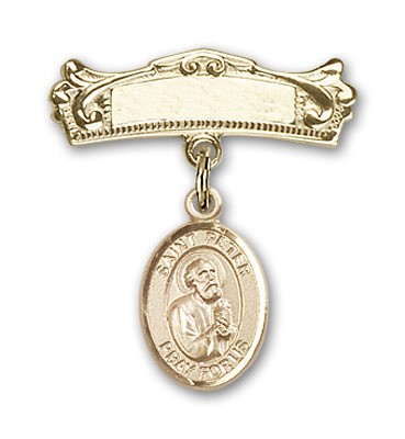 Pin Badge with St. Peter the Apostle Charm and Arched Polished Engravable Badge Pin - Gold Tone
