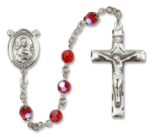 St. John the Apostle Sterling Silver Heirloom Rosary Squared Crucifix - Ruby Red