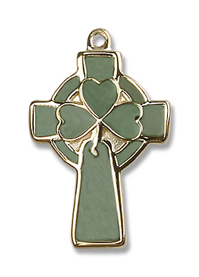Green Enamel Celtic Cross Pendant - 14K Solid Gold