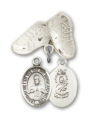Baby Badge with Scapular Charm and Baby Boots Pin - Silver tone