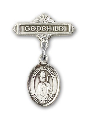 Pin Badge with St. Dennis Charm and Godchild Badge Pin - Silver tone