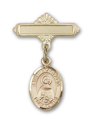 Pin Badge with St. Anastasia Charm and Polished Engravable Badge Pin - 14K Solid Gold