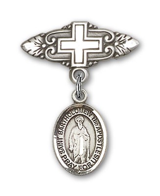 Pin Badge with St. Bartholomew the Apostle Charm and Badge Pin with Cross - Silver tone