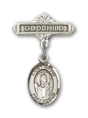 Pin Badge with St. David of Wales Charm and Godchild Badge Pin - Silver tone
