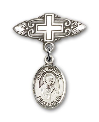 Pin Badge with St. Robert Bellarmine Charm and Badge Pin with Cross - Silver tone