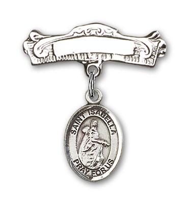 Pin Badge with St. Isabella of Portugal Charm and Arched Polished Engravable Badge Pin - Silver tone