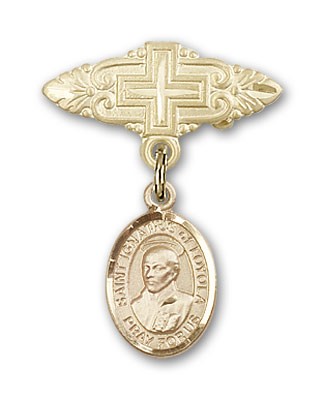 Pin Badge with St. Ignatius Charm and Badge Pin with Cross - 14K Solid Gold
