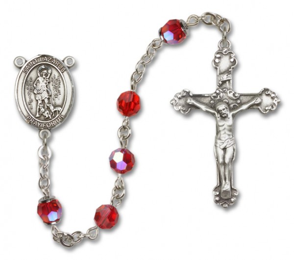 St. Lazarus Sterling Silver Heirloom Rosary Fancy Crucifix - Ruby Red