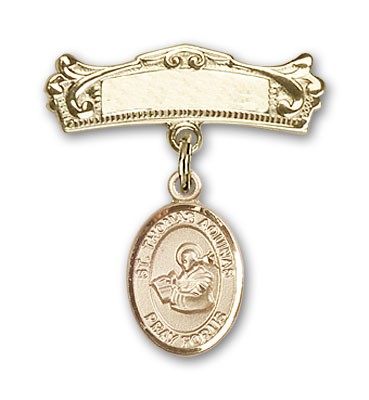 Pin Badge with St. Thomas Aquinas Charm and Arched Polished Engravable Badge Pin - 14K Solid Gold