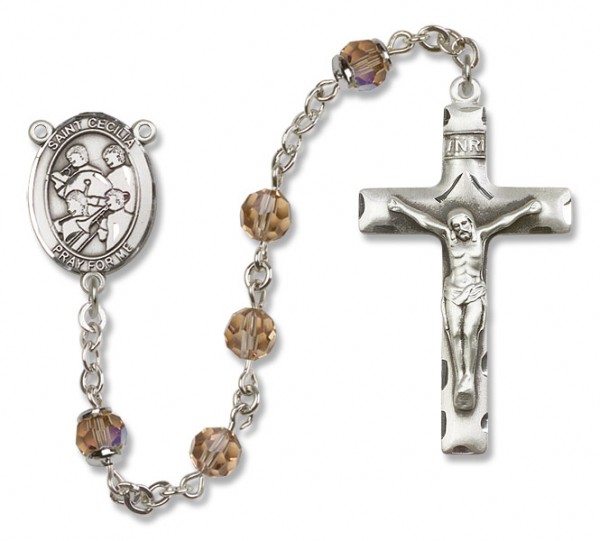 St. Cecilia with Marching Band Sterling Silver Heirloom Rosary Squared Crucifix - Topaz