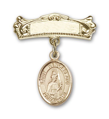 Pin Badge with St. Wenceslaus Charm and Arched Polished Engravable Badge Pin - 14K Solid Gold