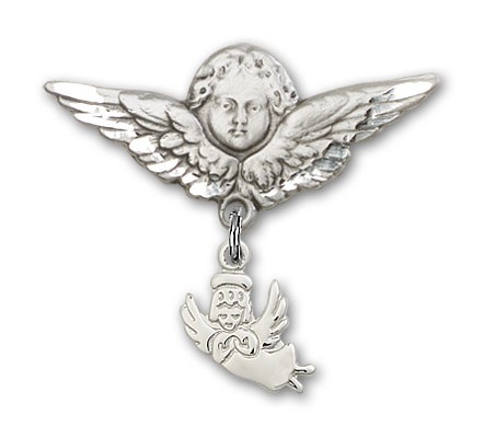 Baby Pin with Guardian Angel Charm and Angel with Larger Wings Badge Pin - Silver tone