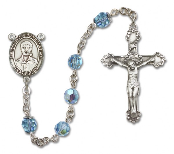 Blessed Pier Giorgio Frassati Sterling Silver Heirloom Rosary Fancy Crucifix - Aqua