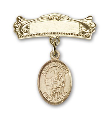 Pin Badge with St. Jerome Charm and Arched Polished Engravable Badge Pin - Gold Tone