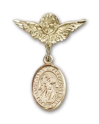 Pin Badge with St. Gabriel the Archangel Charm and Angel with Smaller Wings Badge Pin - 14K Solid Gold