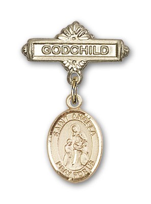 Pin Badge with St. Angela Merici Charm and Godchild Badge Pin - 14K Solid Gold